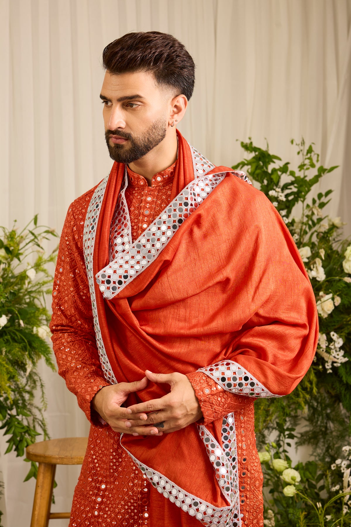 Signature rust orange mirror work Kurta with Intricate mirror work stole