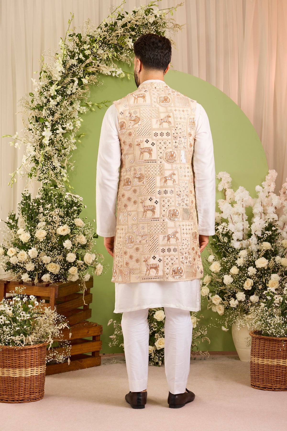 The Imperium - A Golden long open Jacket Adorned with Majestic Wildlife