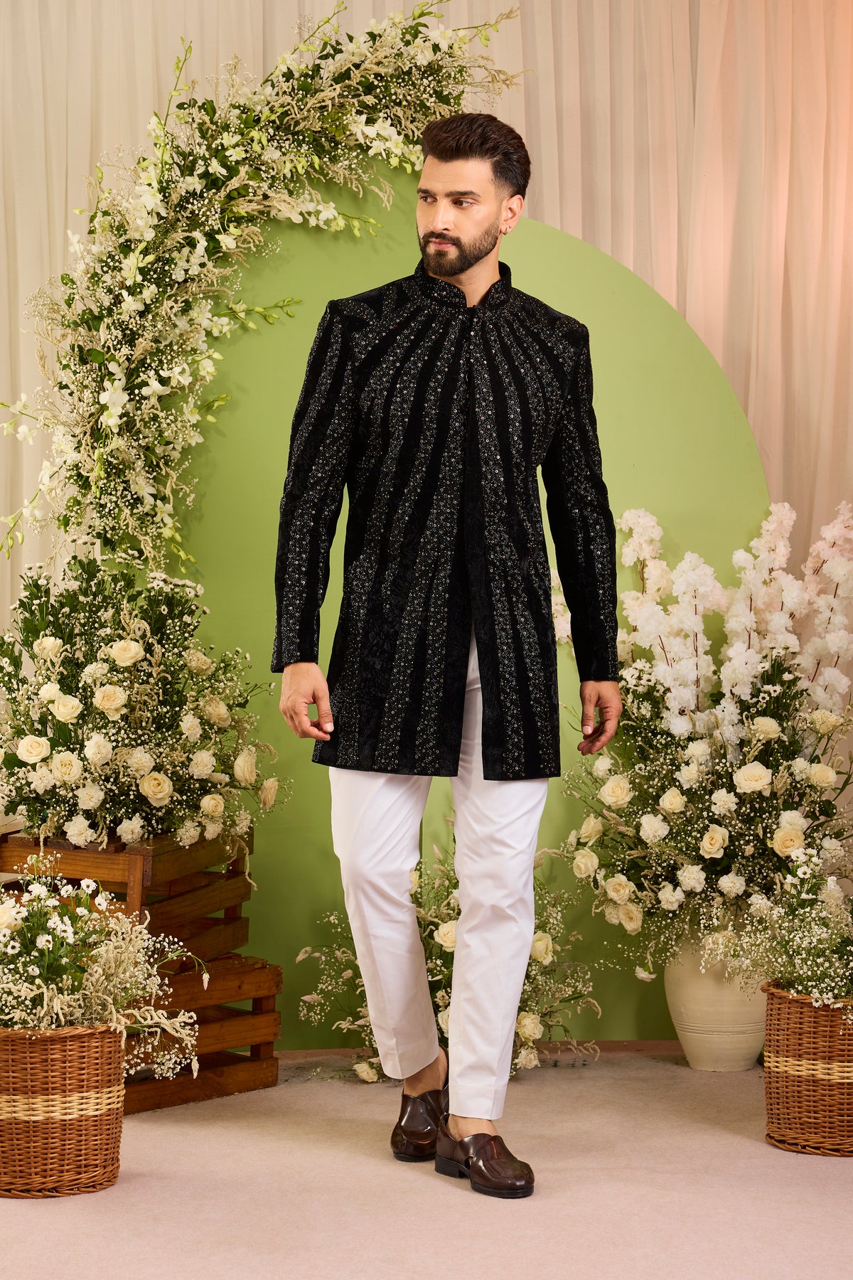 The Élan Noir -Black hand work Indo-Western Defined by Cut-Dana and Sequins on crushed velvet