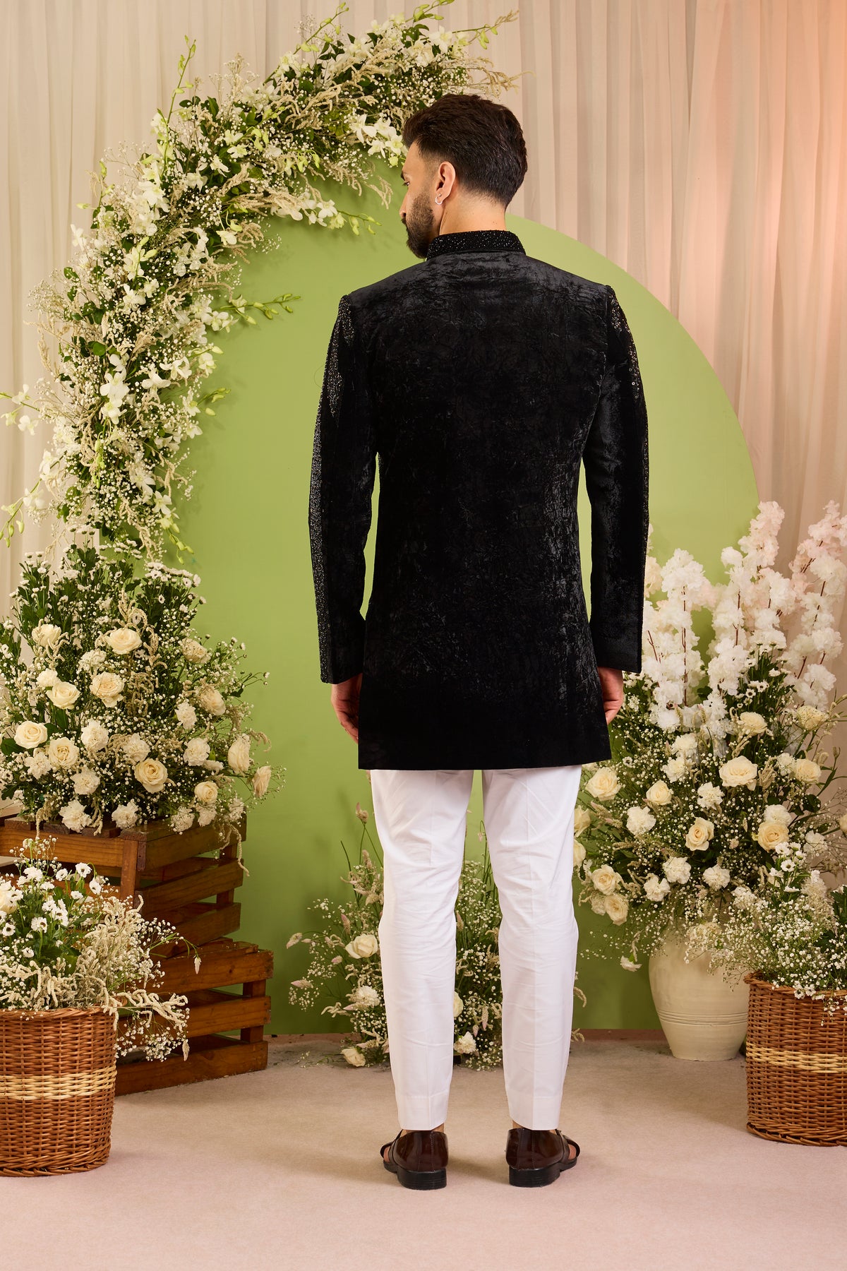 The Élan Noir -Black hand work Indo-Western Defined by Cut-Dana and Sequins on crushed velvet
