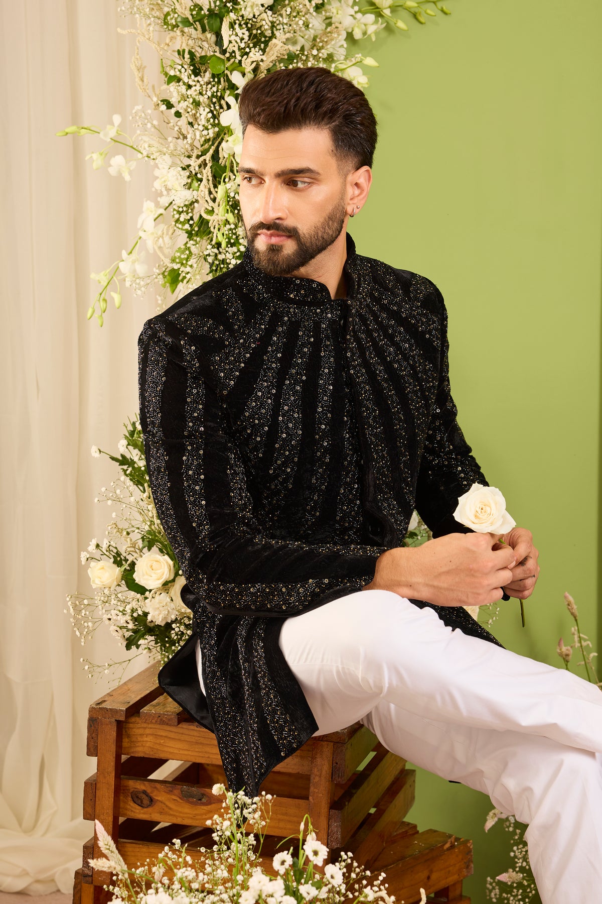 The Élan Noir -Black hand work Indo-Western Defined by Cut-Dana and Sequins on crushed velvet