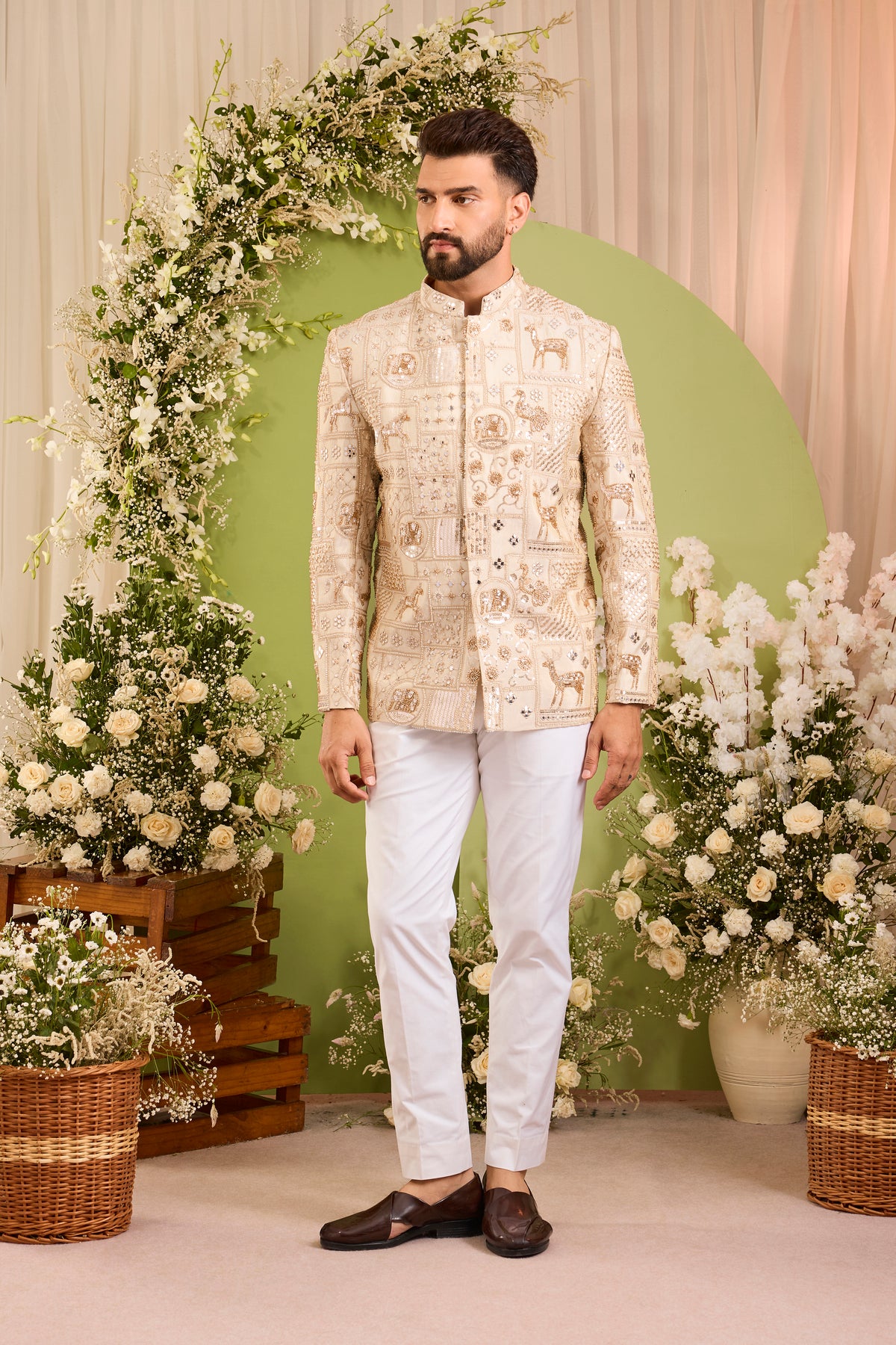 The Imperium - A Golden bandhgala  Jacket Adorned with Majestic Wildlife