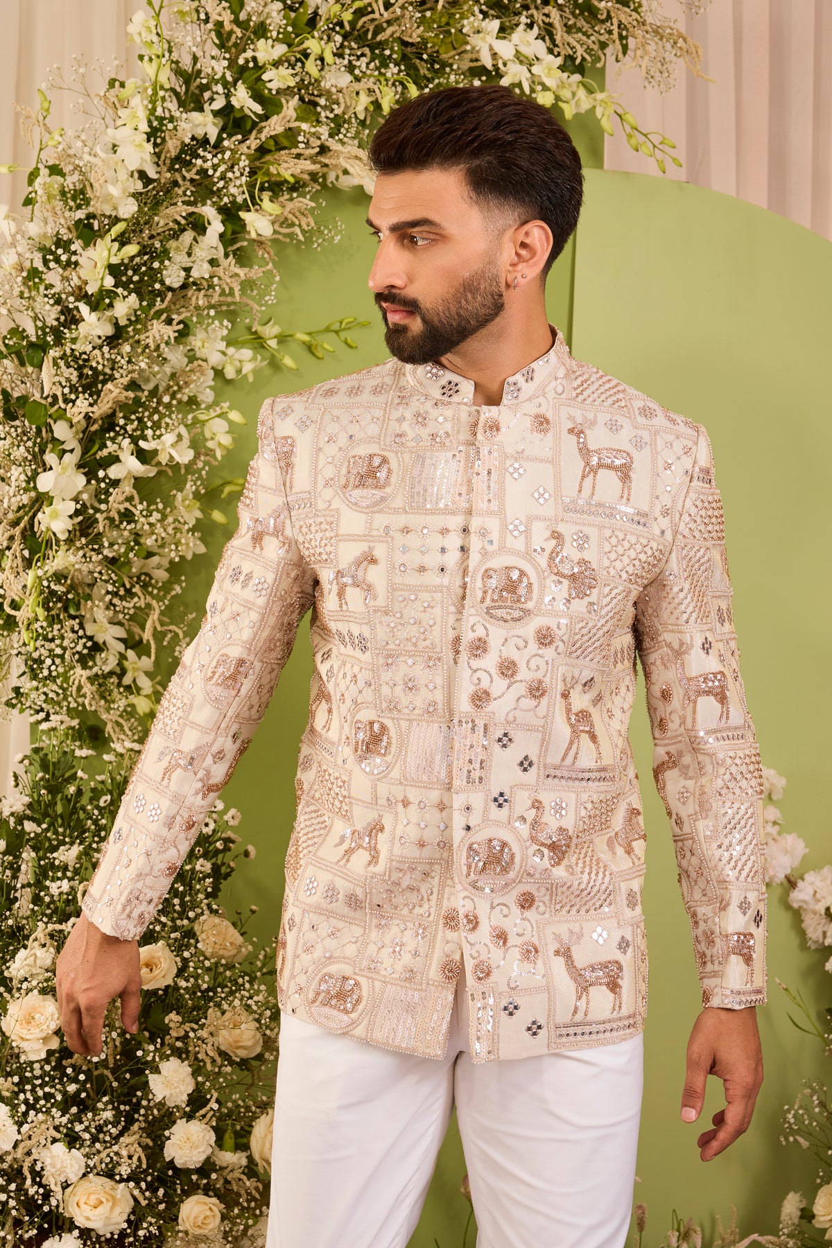 The Imperium - A Golden bandhgala  Jacket Adorned with Majestic Wildlife