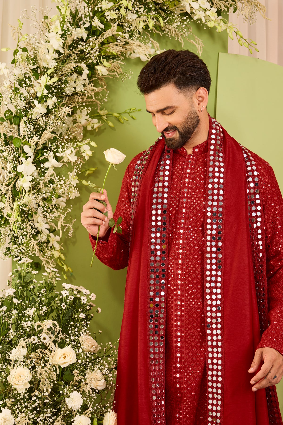 Signature red mirror work Kurta with Intricate mirror work stole
