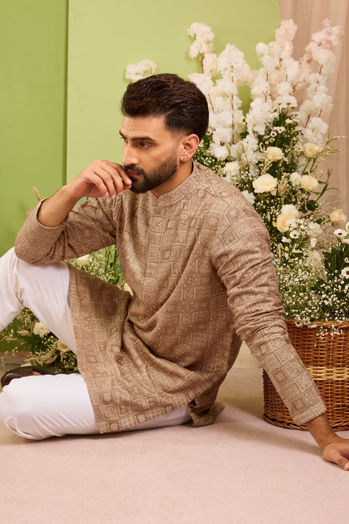 The moncler -  brown asbtract  Kurta Richly Worked in Thread