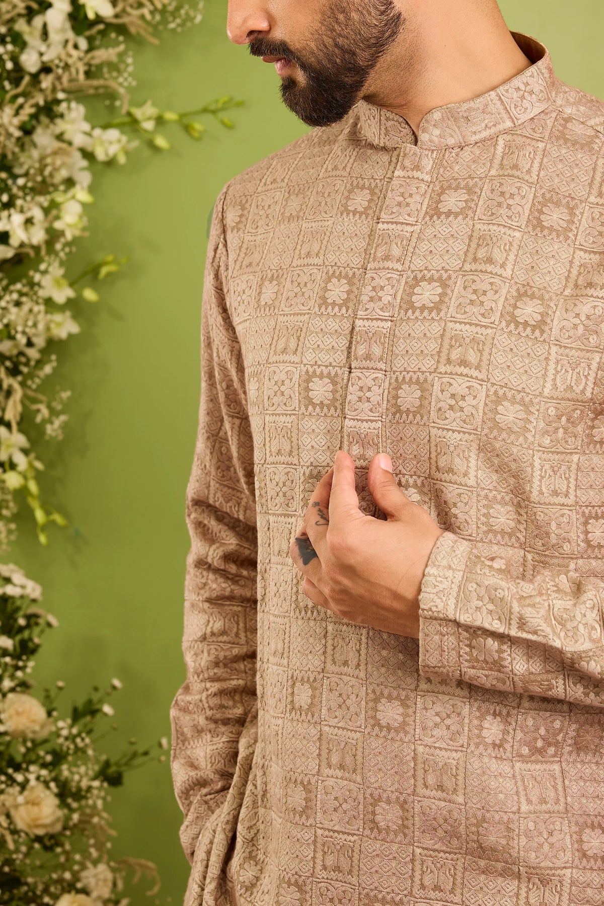 The moncler -  brown asbtract  Kurta Richly Worked in Thread