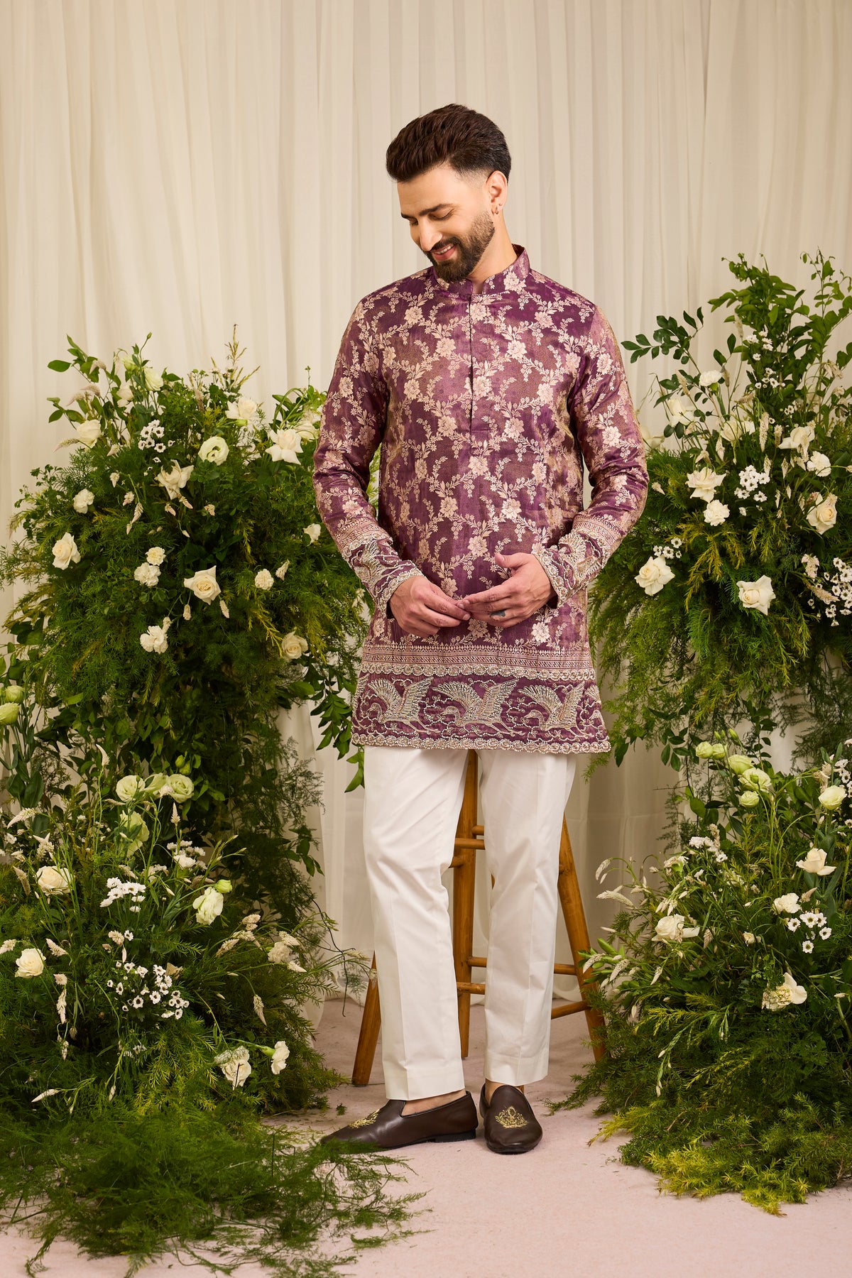 The Fiore — wine Brocade-Tissue  short Kurta with Regal Flamingos