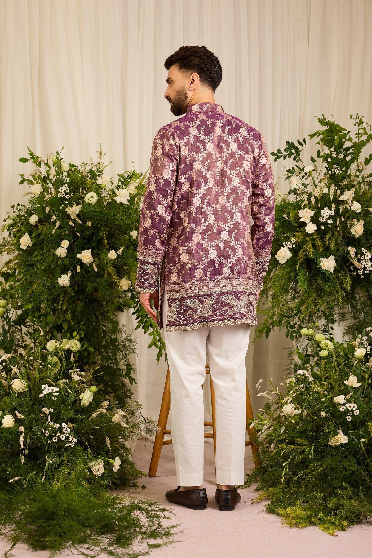 The Fiore — wine Brocade-Tissue  short Kurta with Regal Flamingos