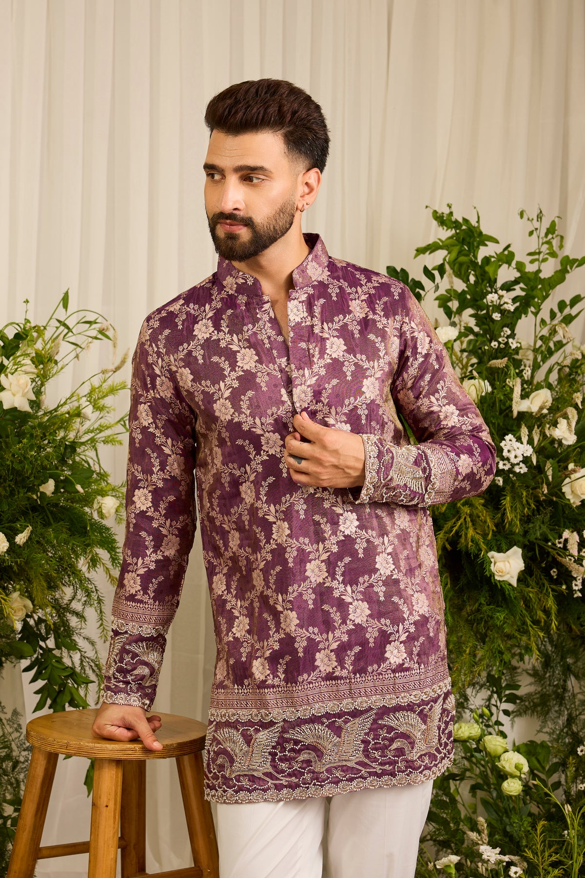 The Fiore — wine Brocade-Tissue  short Kurta with Regal Flamingos