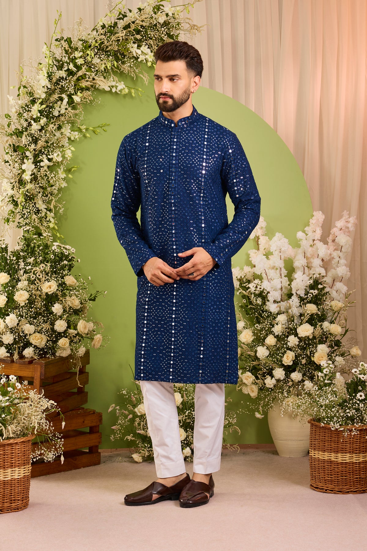 Signature royal blue mirror work Kurta with Intricate  Threadwork