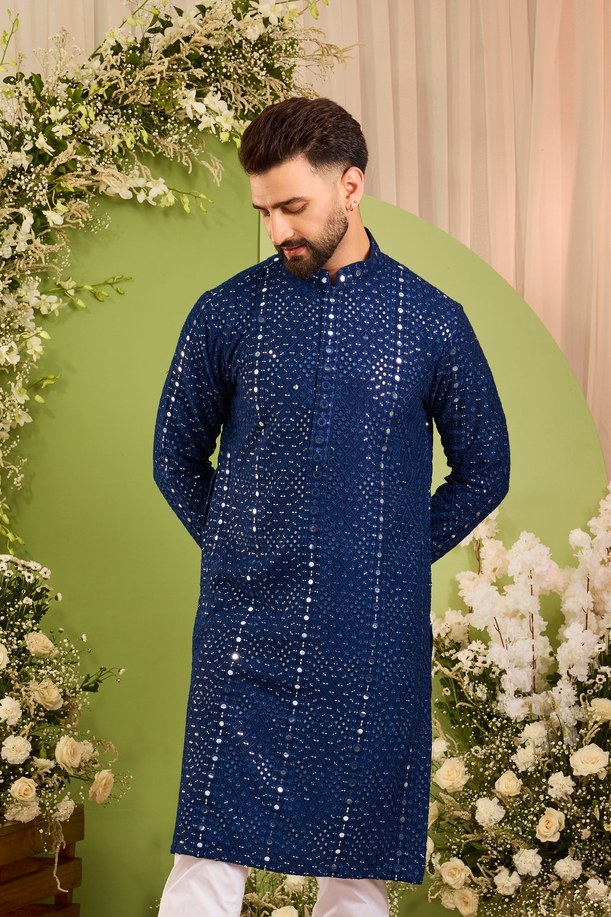 Signature royal blue mirror work Kurta with Intricate  Threadwork