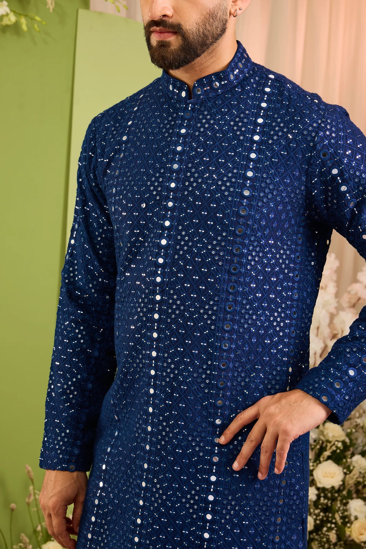 Signature royal blue mirror work Kurta with Intricate  Threadwork
