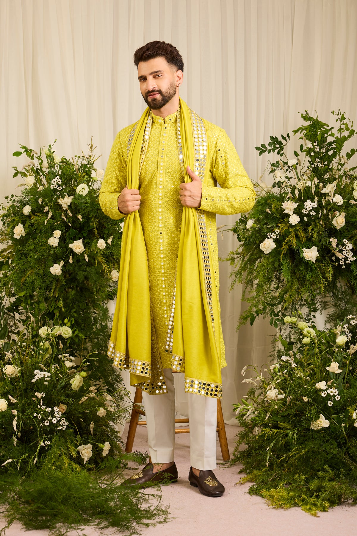 Signature neon yellow mirror work Kurta with Intricate mirror work stole