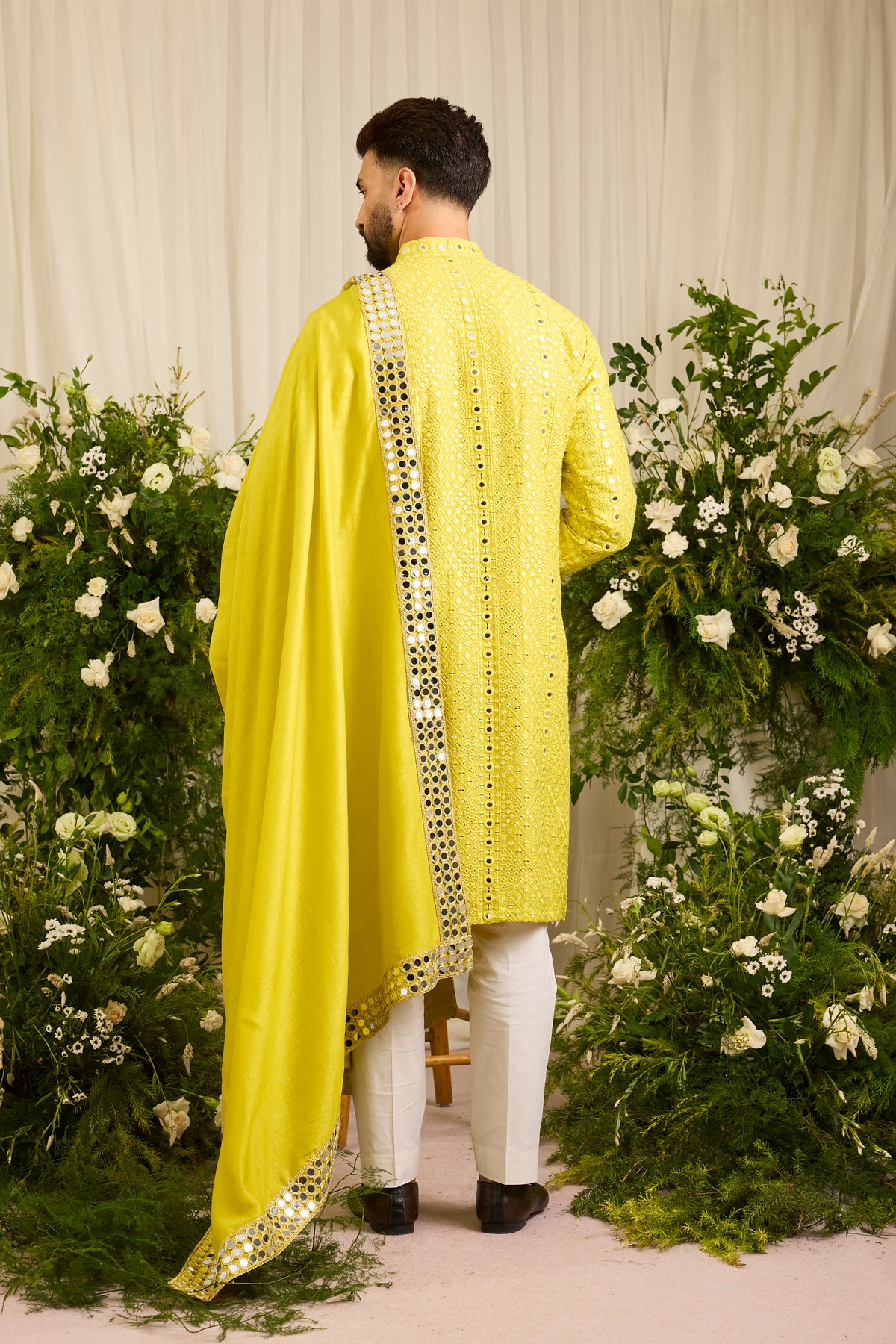 Signature neon yellow mirror work Kurta with Intricate mirror work stole