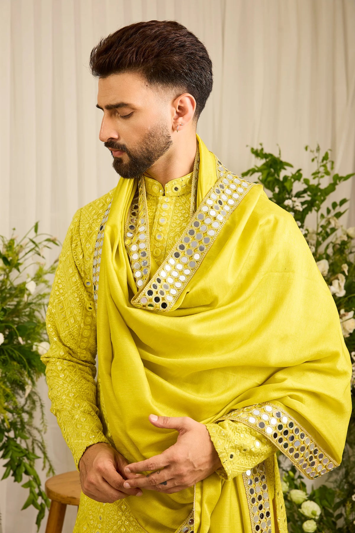 Signature neon yellow mirror work Kurta with Intricate mirror work stole