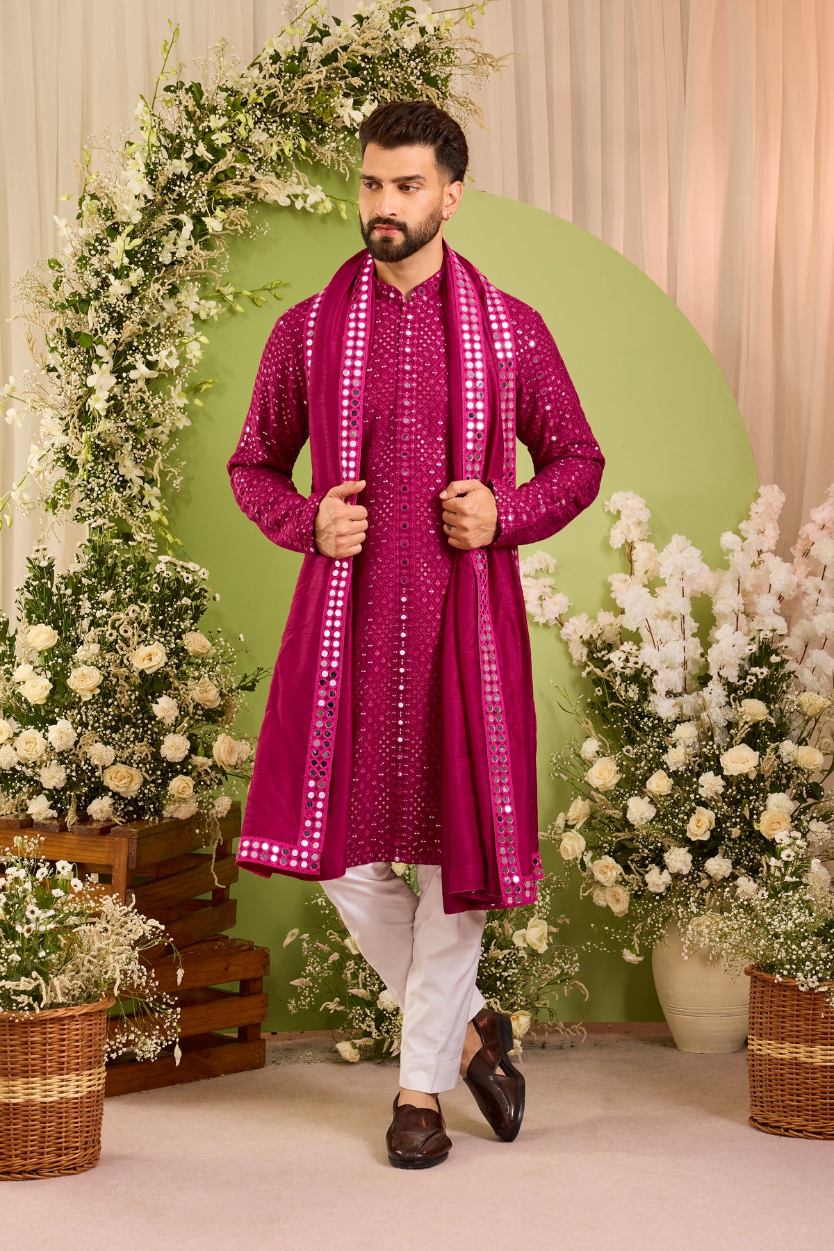 Signature hot pink mirror work Kurta with Intricate mirror work stole