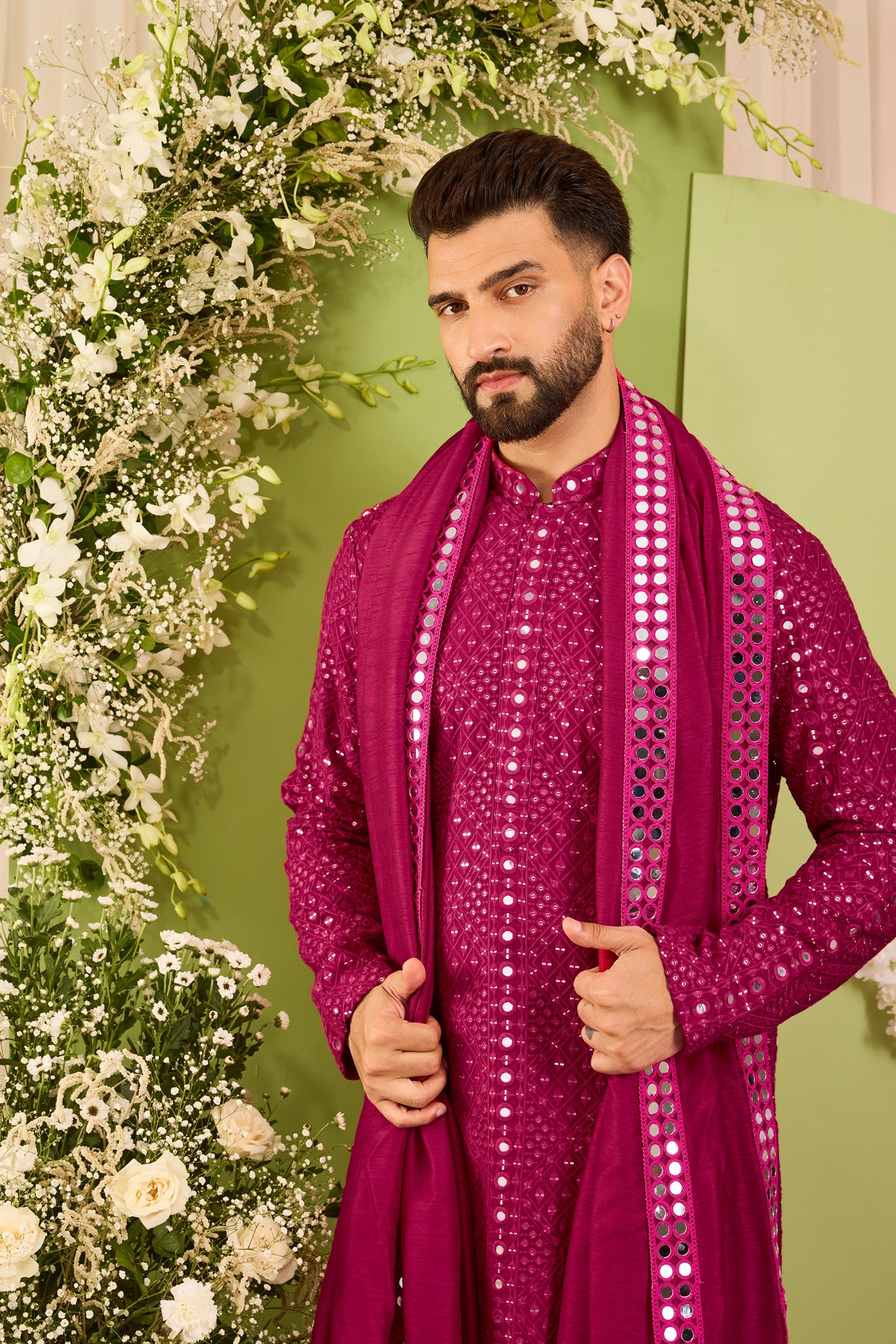 Signature hot pink mirror work Kurta with Intricate mirror work stole