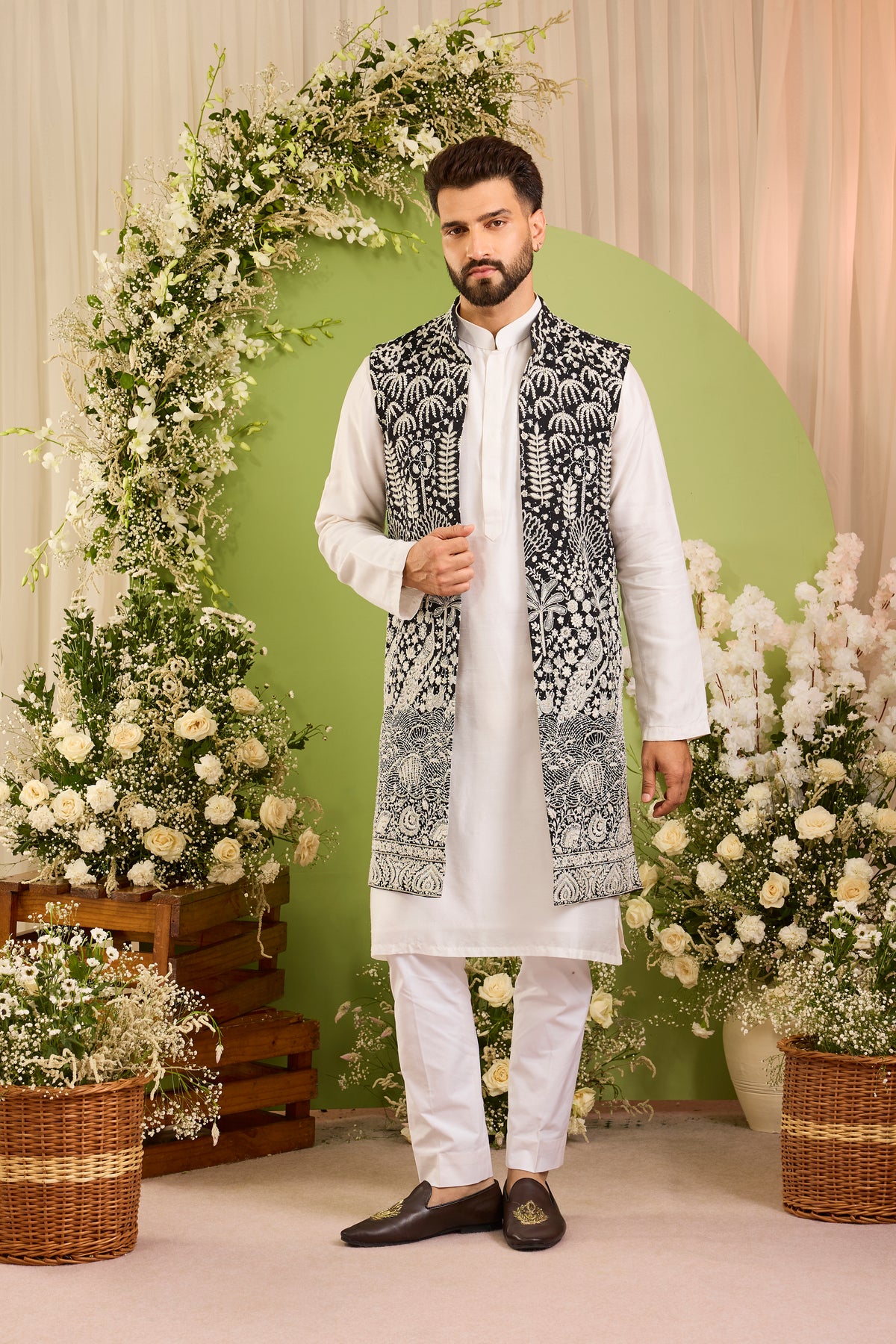 The Palais — Black long open jacket Richly Worked in Florals