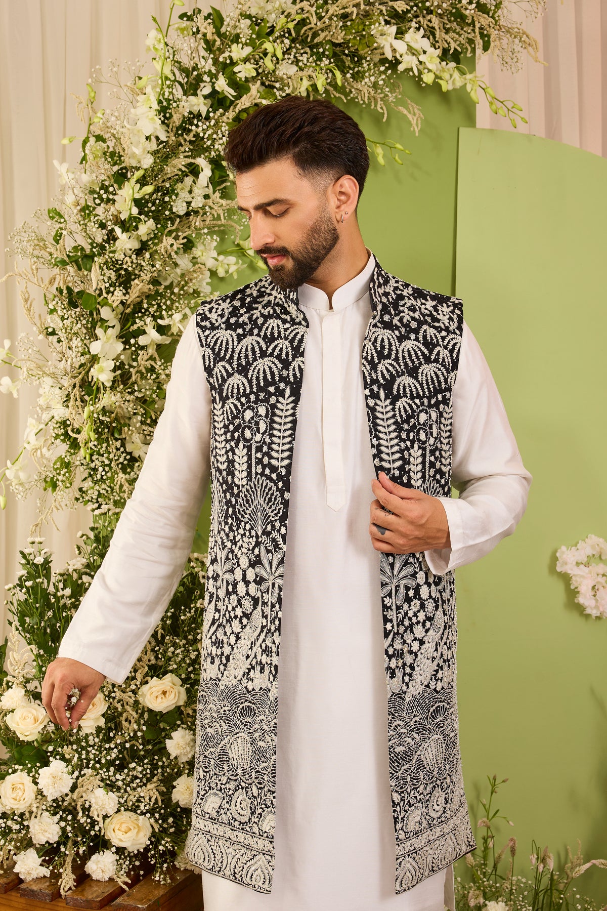 The Palais — Black long open jacket Richly Worked in Florals