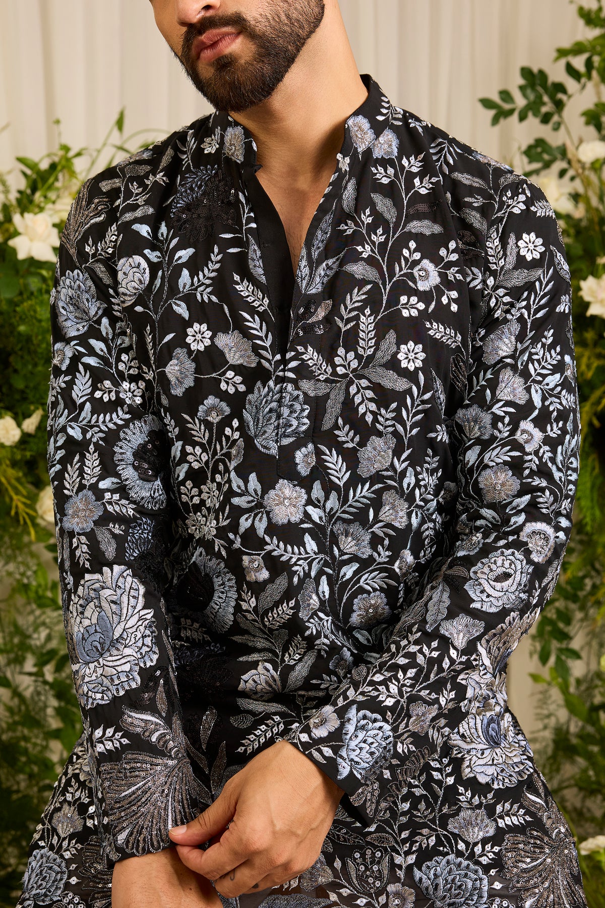 The Calderon — A Black Kurta Draped in Intricate Floral Threadwork