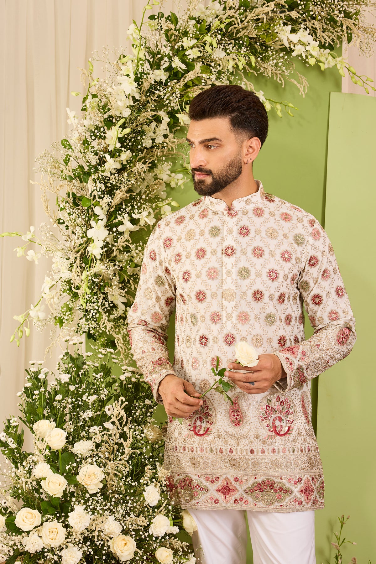 The Alouette - An Ivory short Kurta with Ornate Peacock Detailing