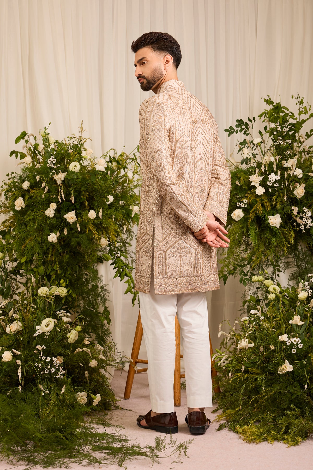 The Eminence - A Beige Sherwani Richly Worked in Cut-Dana