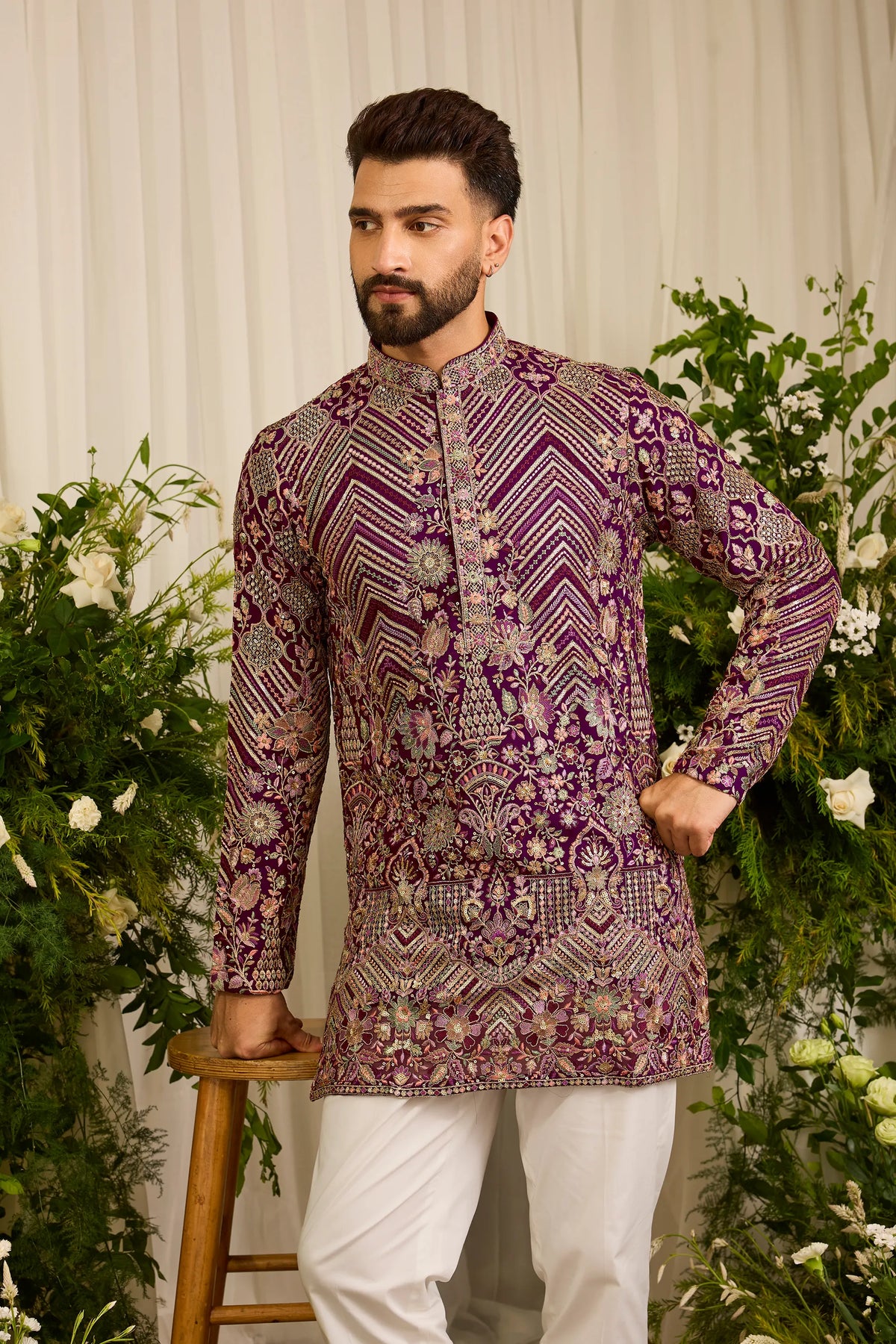 The D'Orsay -A Floral Wine Kurta Richly Worked in Zari