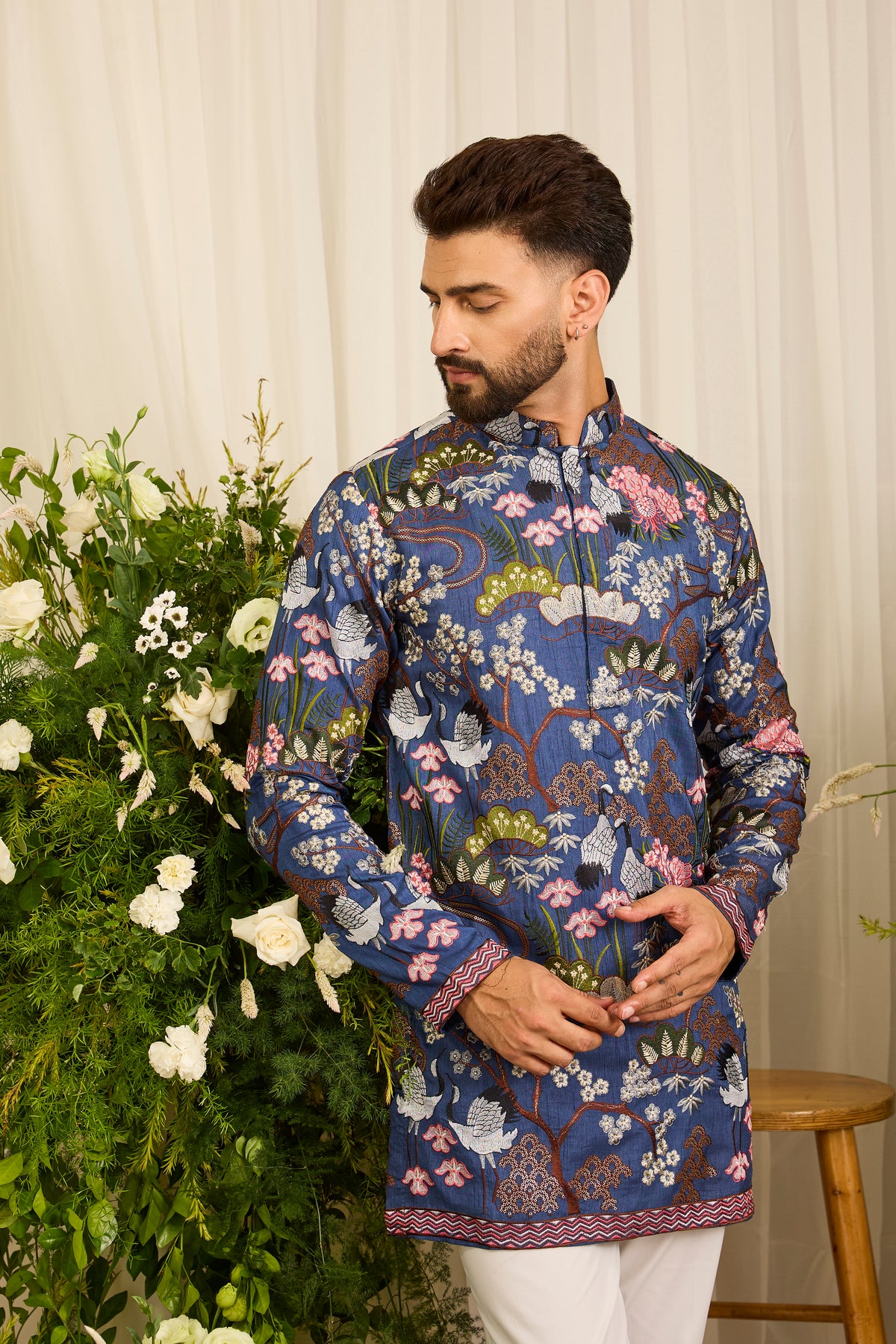 The Tropique -A blue Kurta with Flamingos and Floral Detail