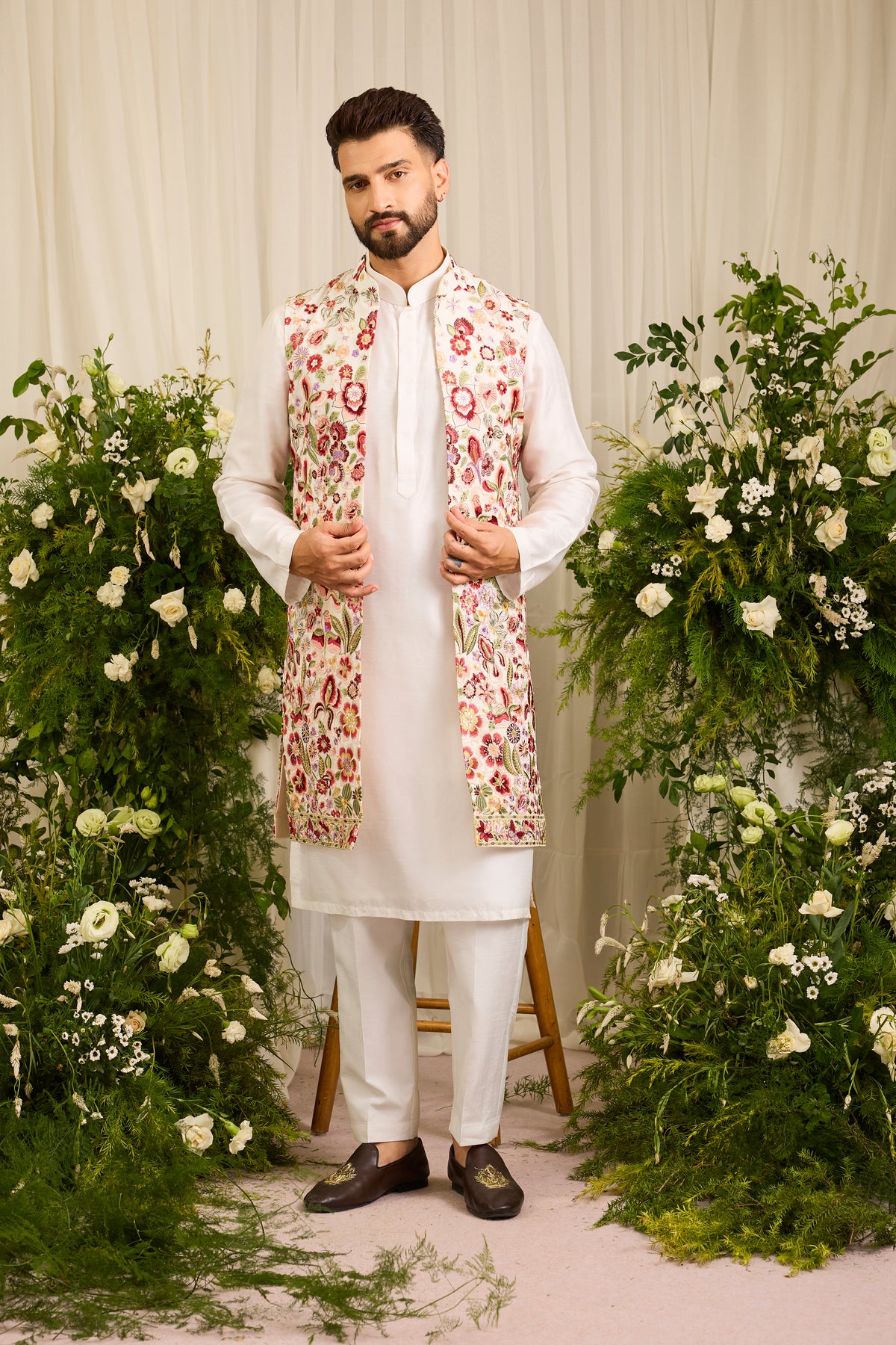 The Fantaisie — A Long White Jacket with Multicoloured Florals