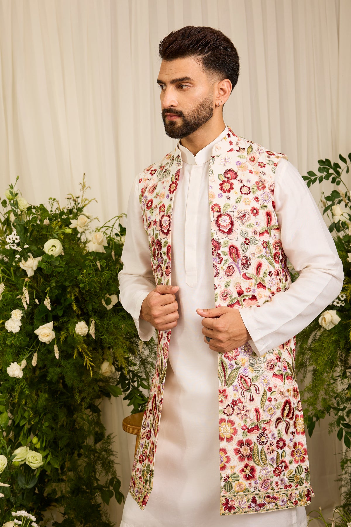 The Fantaisie — A Long White Jacket with Multicoloured Florals