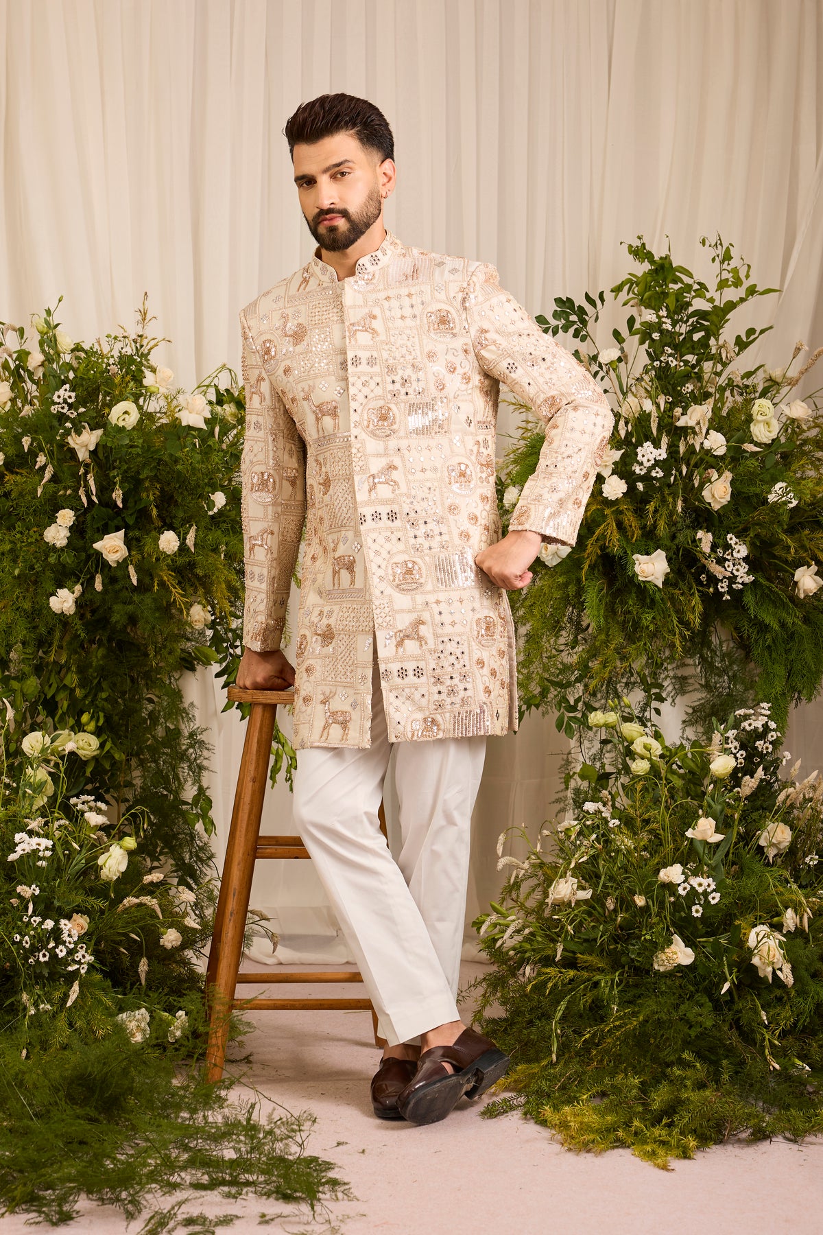 The Imperium - A Golden short sherwani  Jacket Adorned with Majestic Wildlife