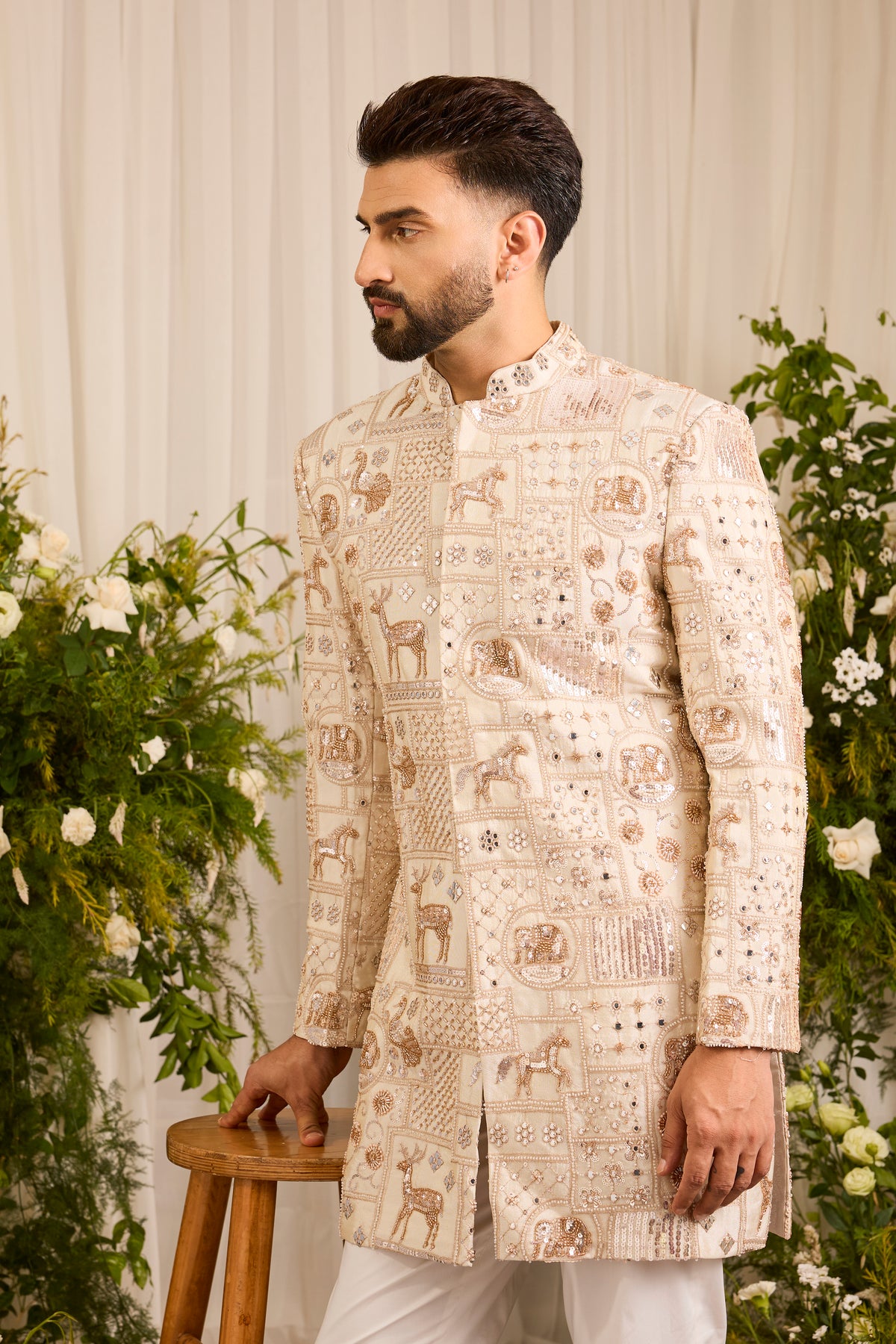 The Imperium - A Golden short sherwani  Jacket Adorned with Majestic Wildlife