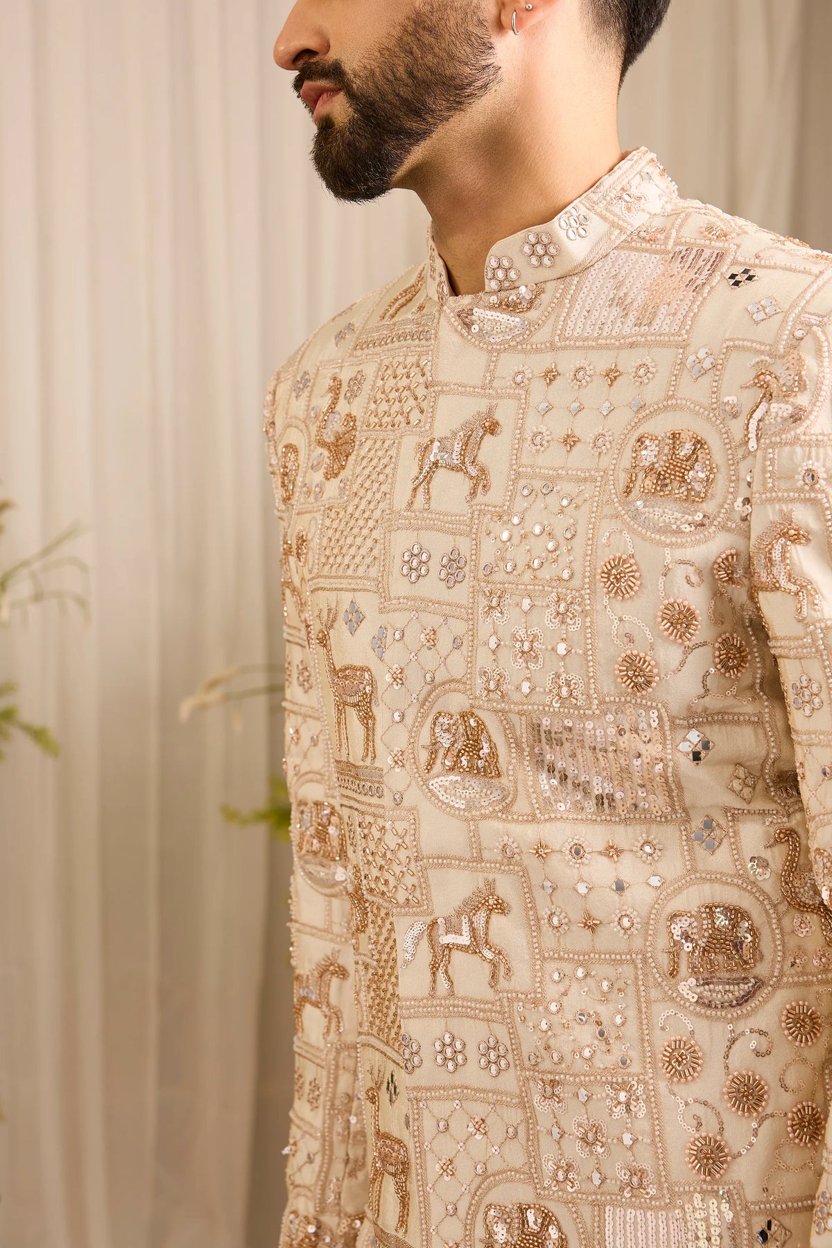 The Imperium - A Golden short sherwani  Jacket Adorned with Majestic Wildlife