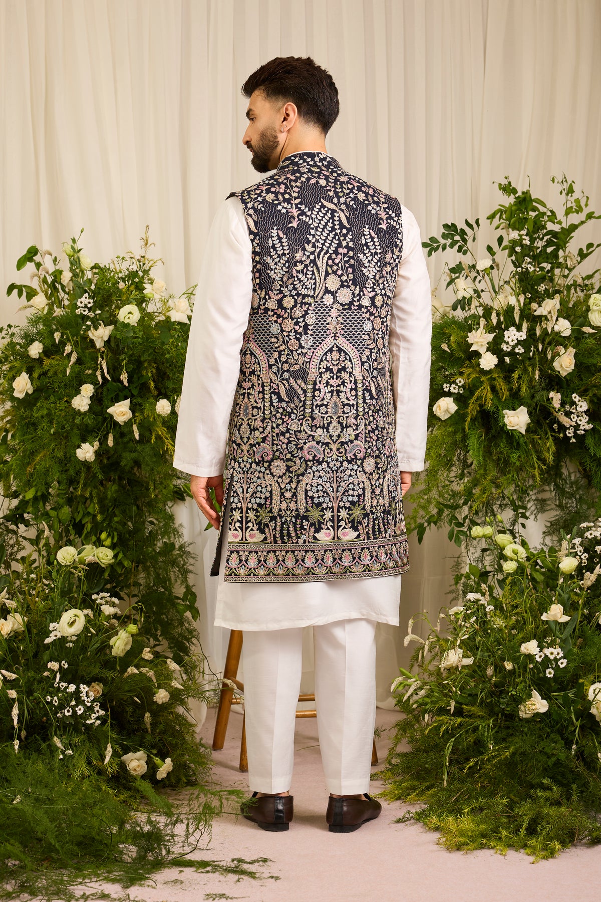 The Canopy - navy blue long open jacket with Layered Embroidery