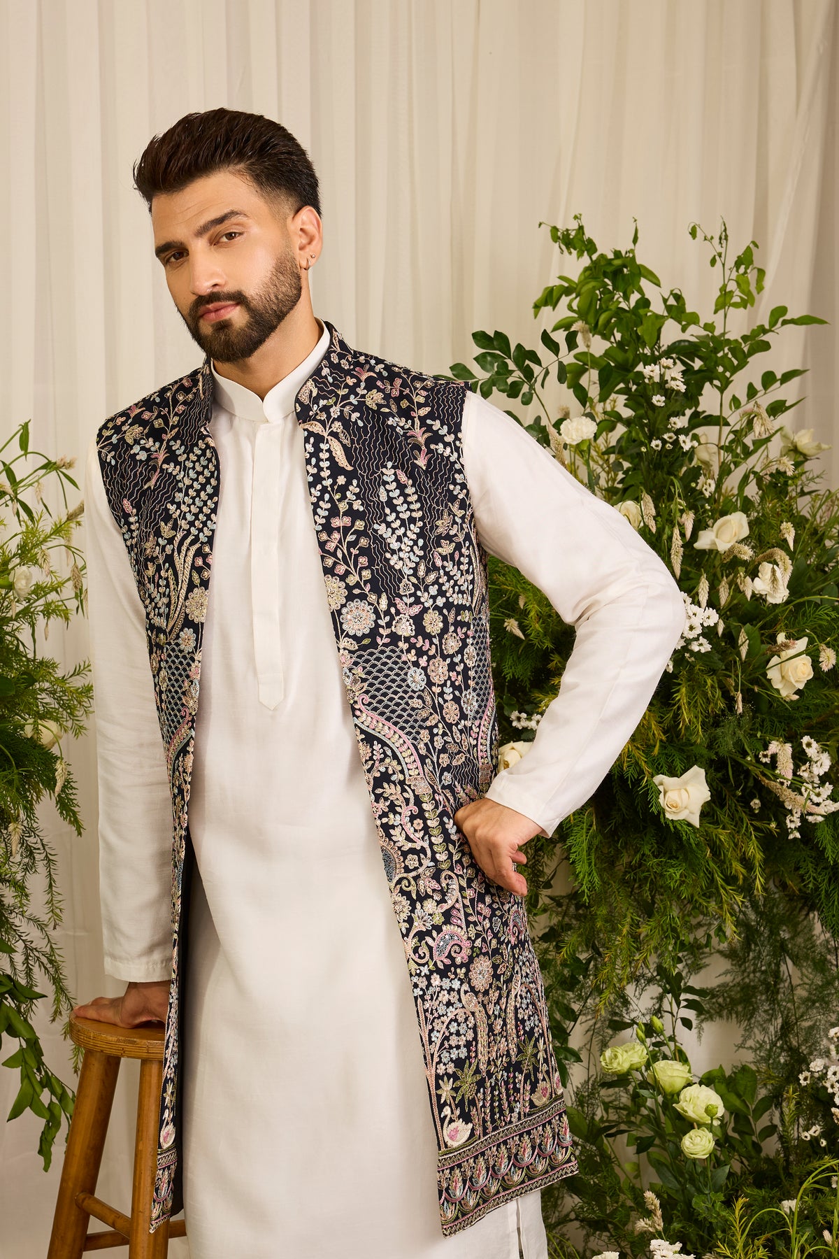 The Canopy - navy blue long open jacket with Layered Embroidery