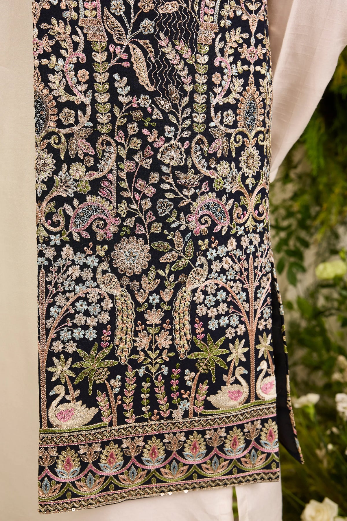 The Canopy - navy blue long open jacket with Layered Embroidery