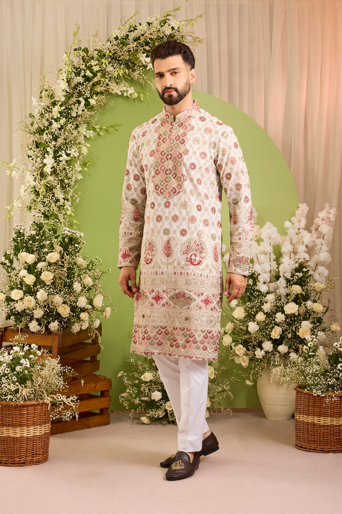 The Alouette - An Ivory  Kurta with Ornate Peacock Detailing