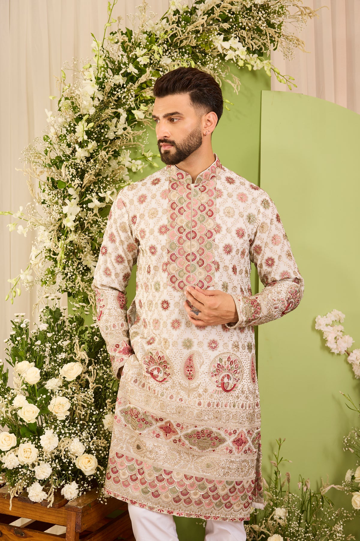 The Alouette - An Ivory  Kurta with Ornate Peacock Detailing