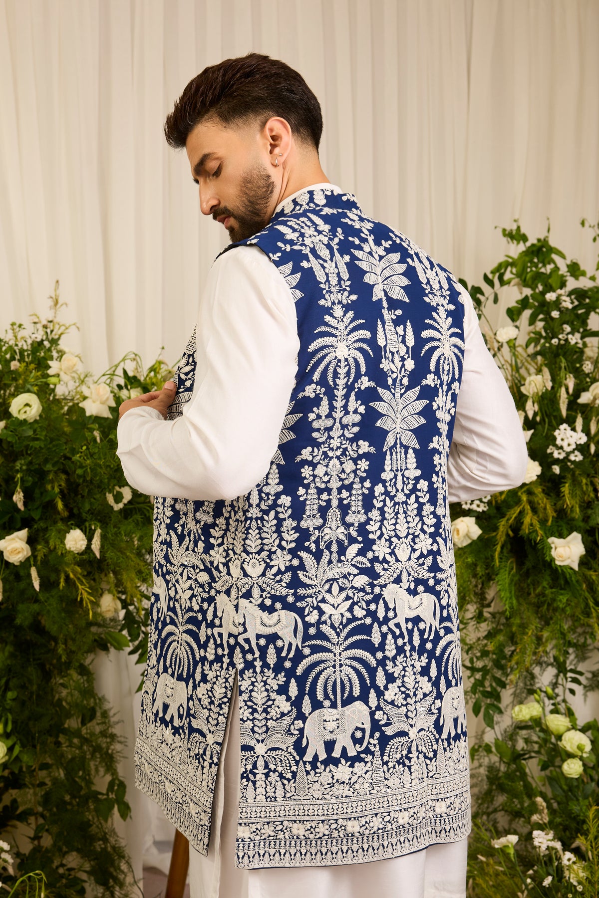 The Kingsley — A Royal Blue Open Jacket with Elephant Motifs