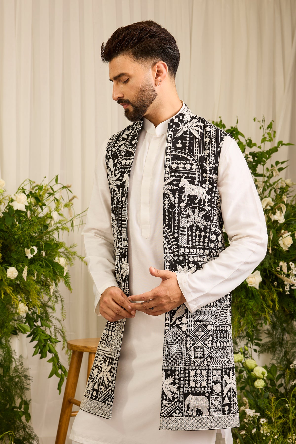 The Imperial — A Black long open jacket Alive with Flora and Fauna