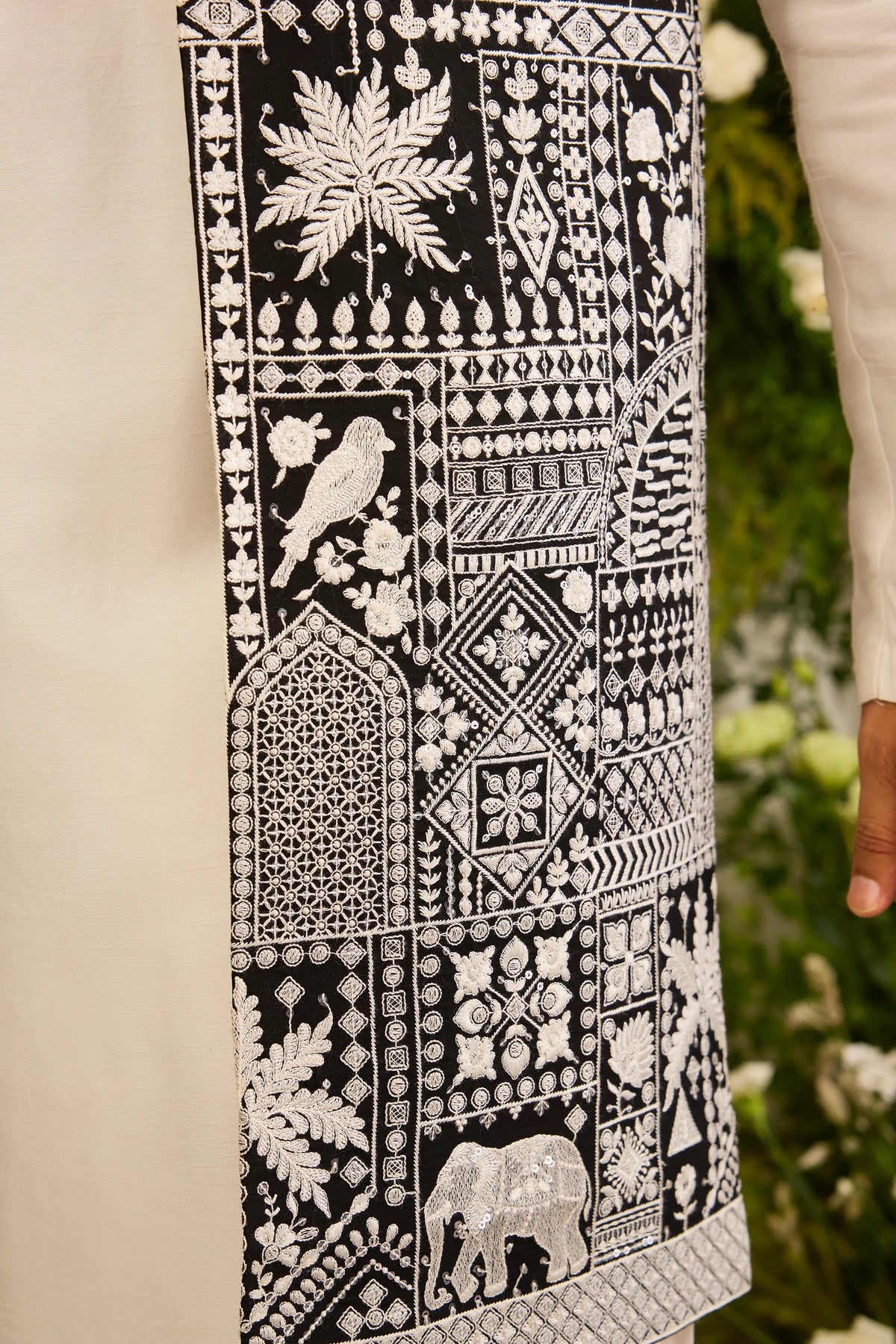 The Imperial — A Black long open jacket Alive with Flora and Fauna