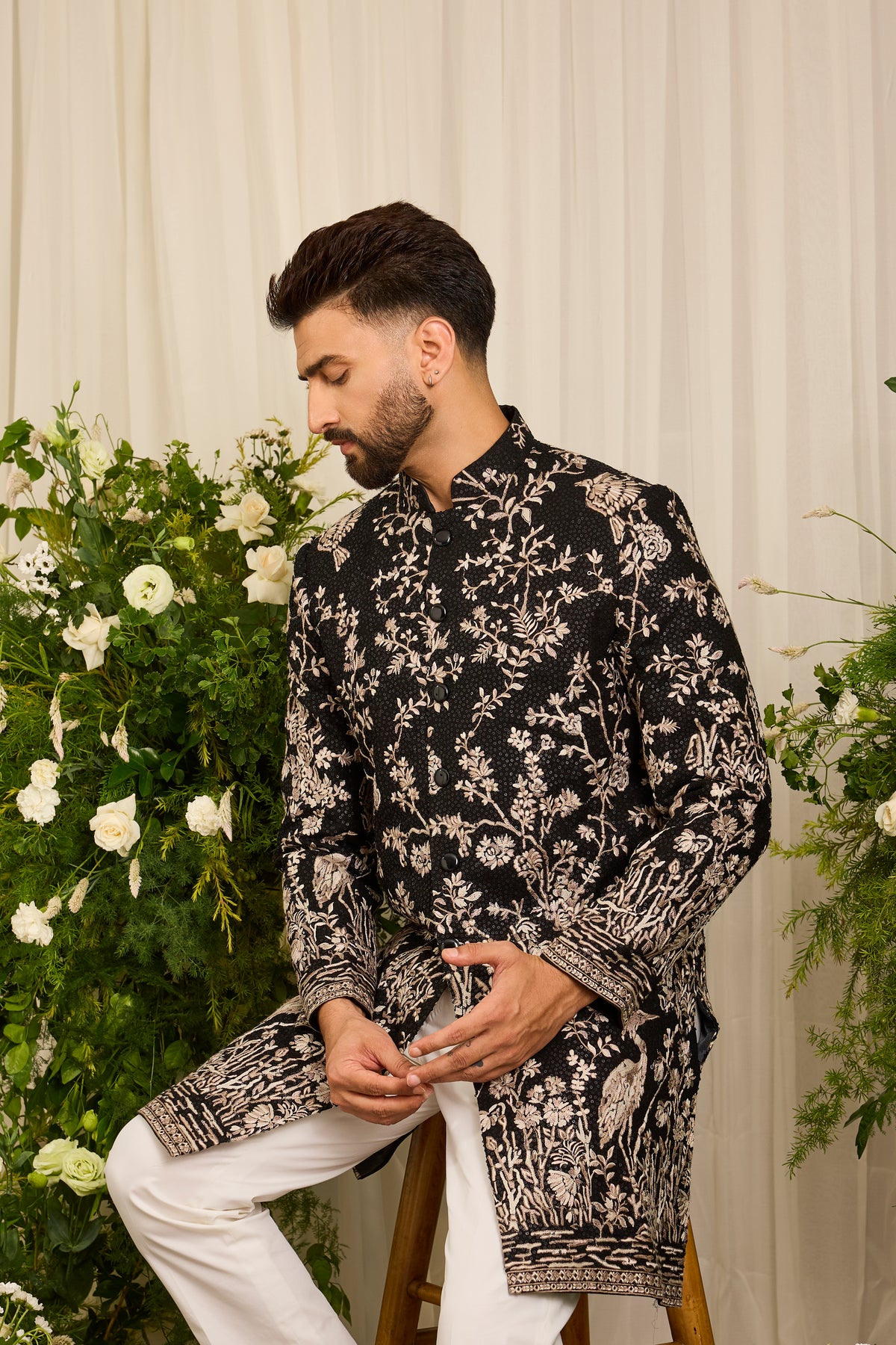 A Midnight Sequin short sherwani Embellished in Golden Threadwork and majestic flamingos
