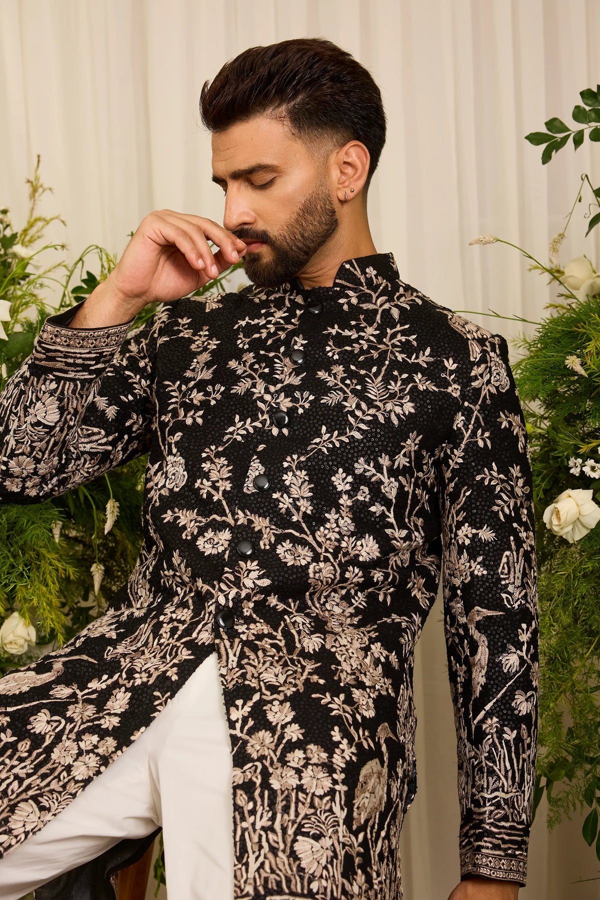 A Midnight Sequin short sherwani Embellished in Golden Threadwork and majestic flamingos