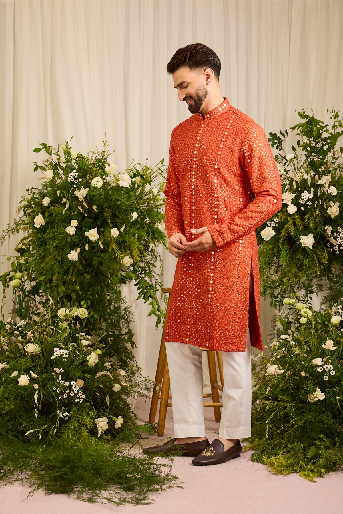 Signature orange mirror work Kurta with Intricate  Threadwork