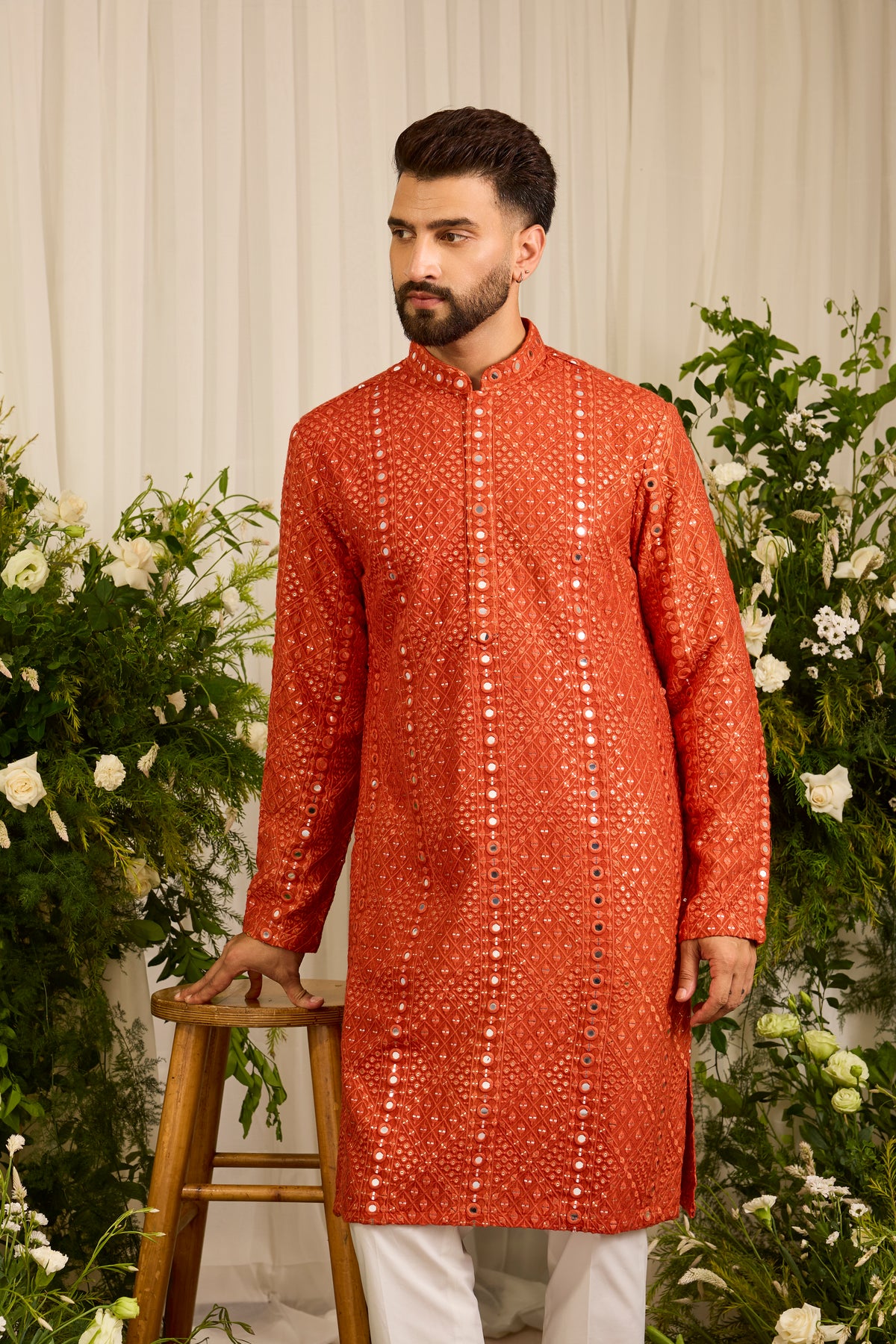 Signature orange mirror work Kurta with Intricate  Threadwork