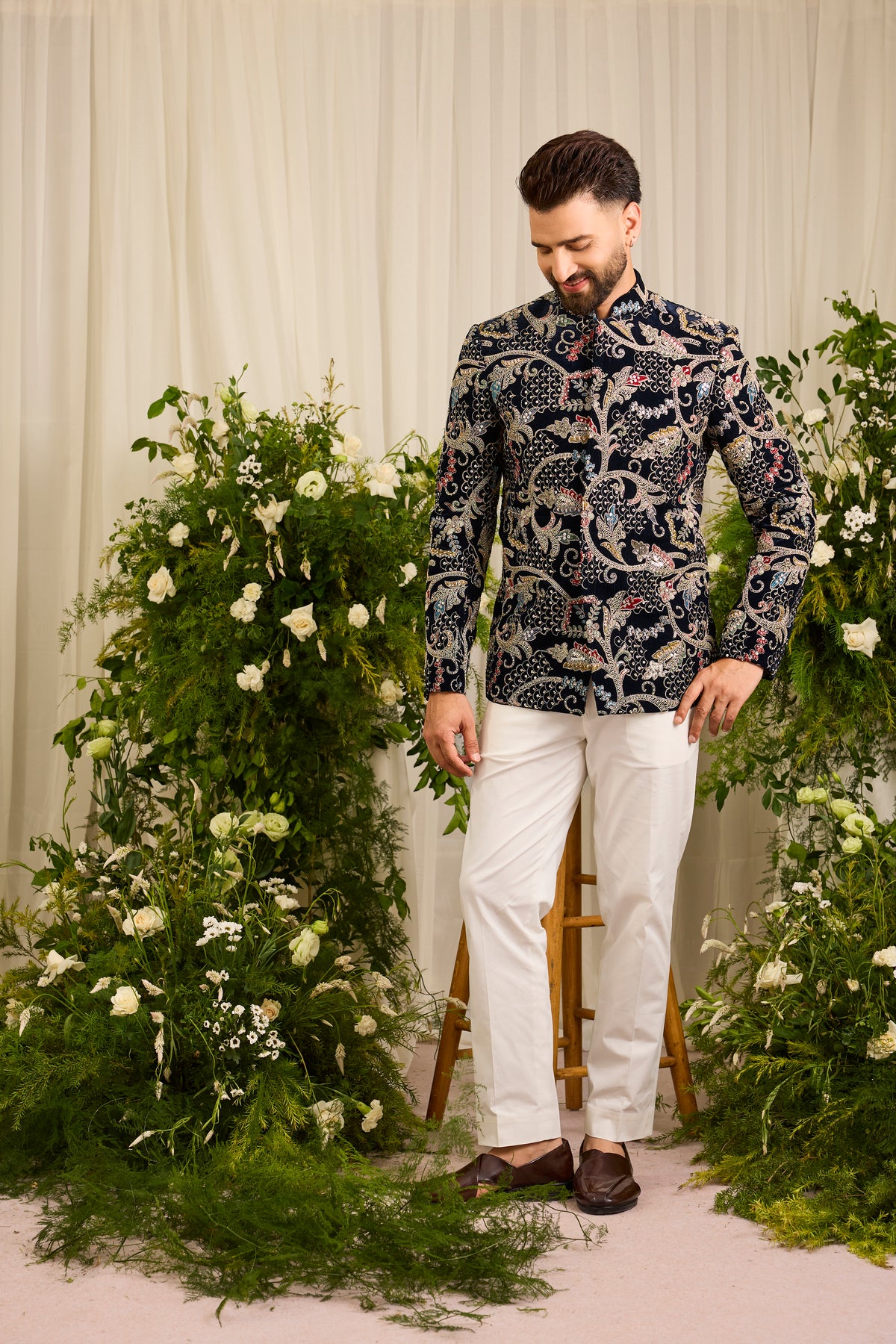 The Ducal Crown- A Navy Bandhgala with Abstract Floral Handwork