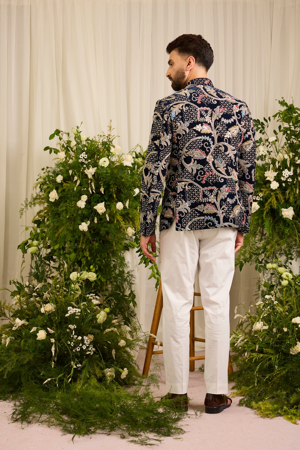 The Ducal Crown- A Navy Bandhgala with Abstract Floral Handwork