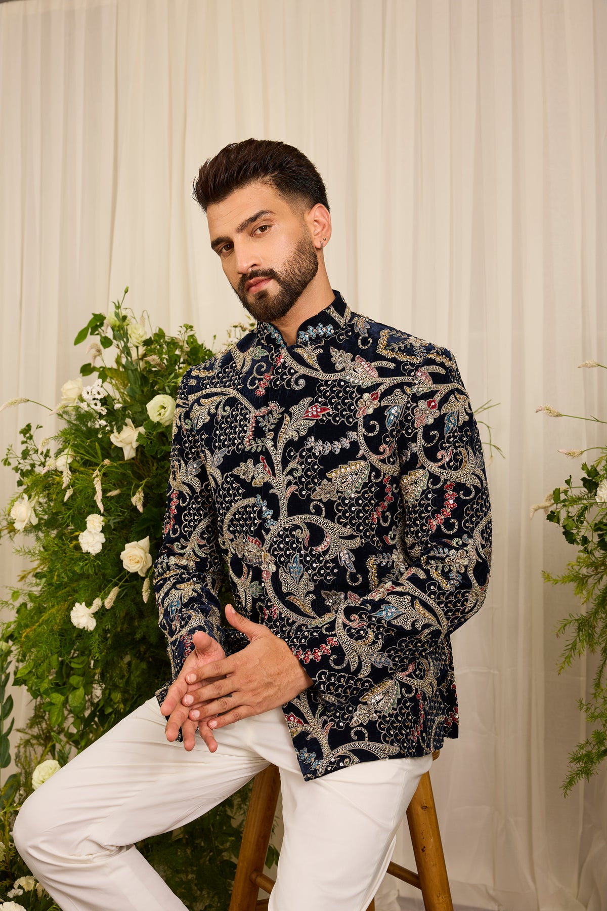 The Ducal Crown- A Navy Bandhgala with Abstract Floral Handwork