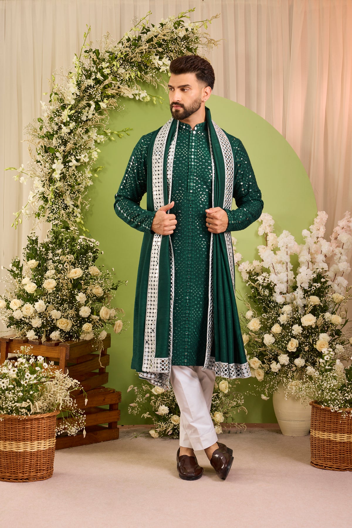 Signature bottle green mirror work Kurta with Intricate mirror work stole