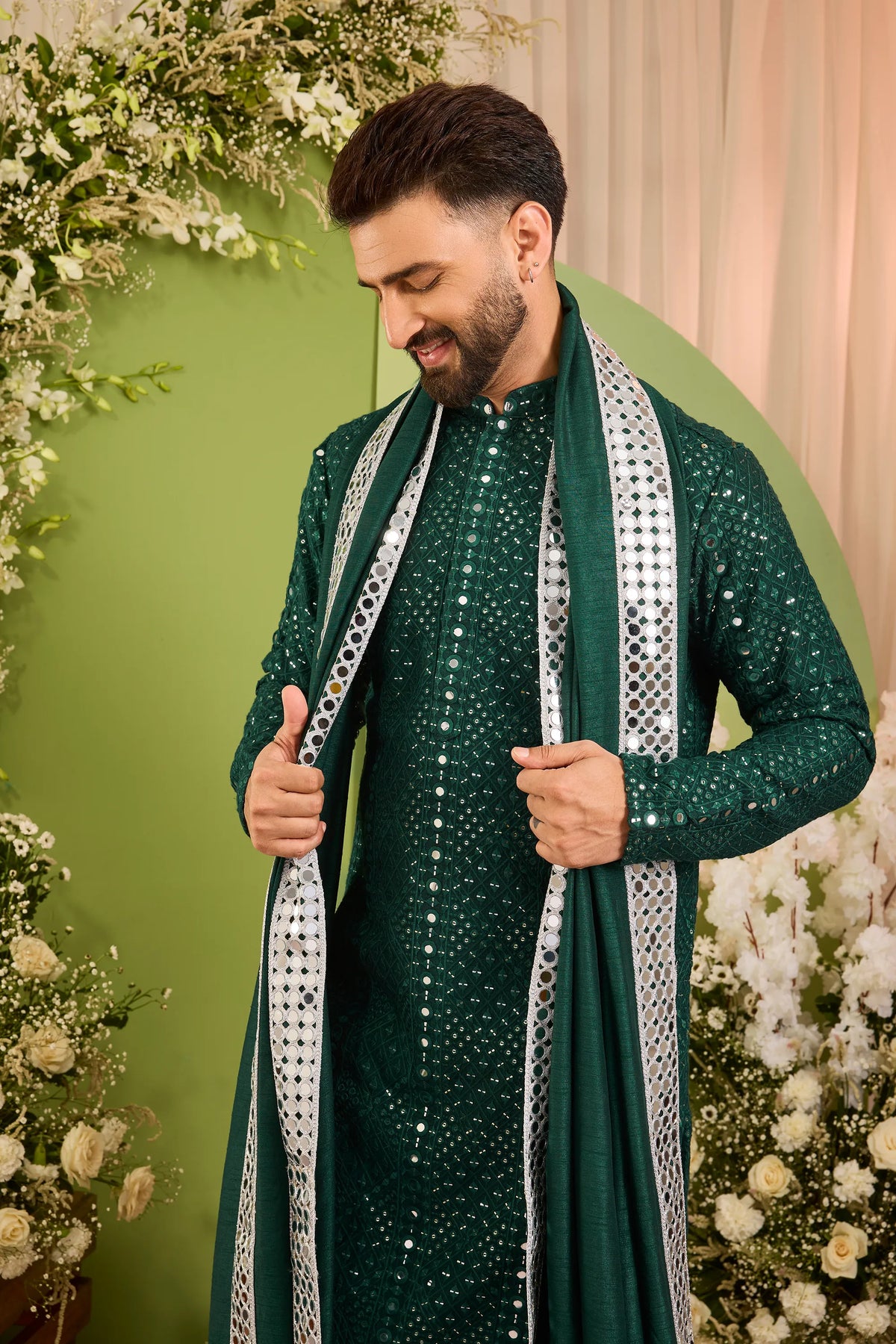 Signature bottle green mirror work Kurta with Intricate mirror work stole